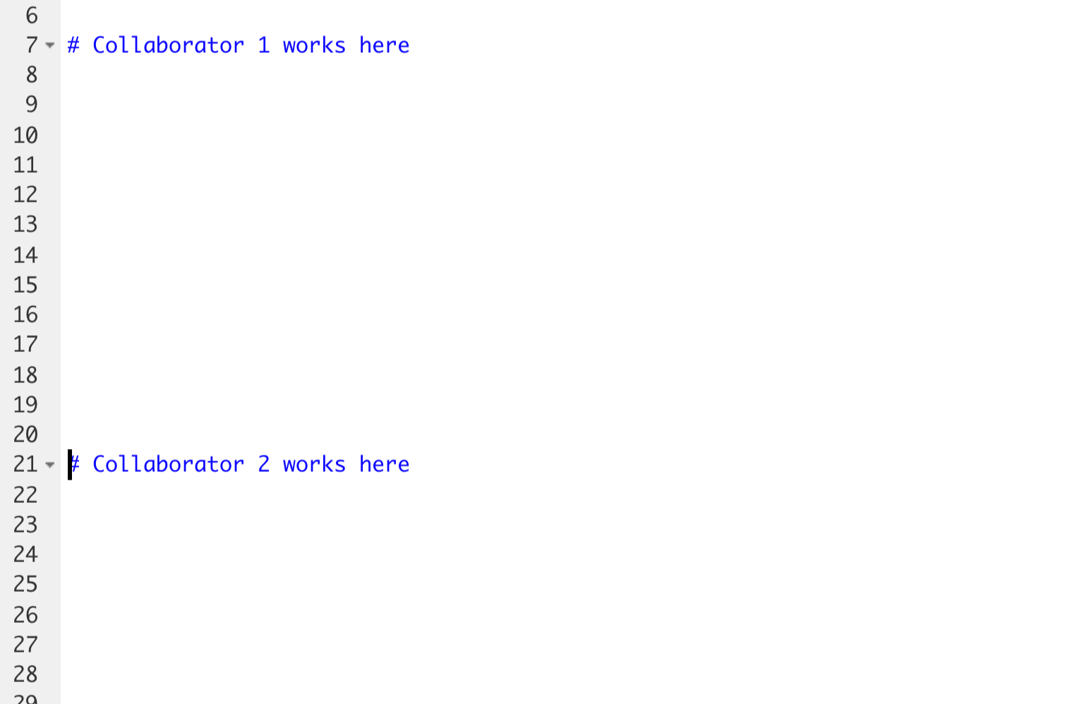 This image show an RMarkdown file with several lines for Collaborator 1 to work and several more lines for Collaborator 2 to work.