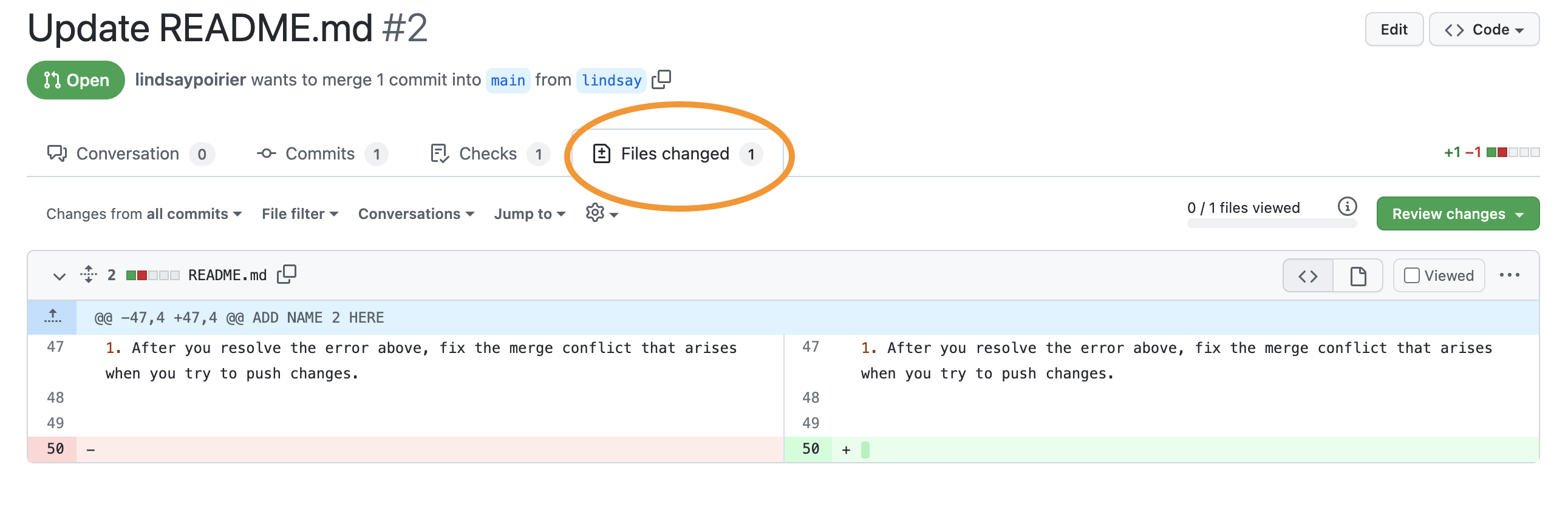 This shows where to find the files changed tab in GitHub.