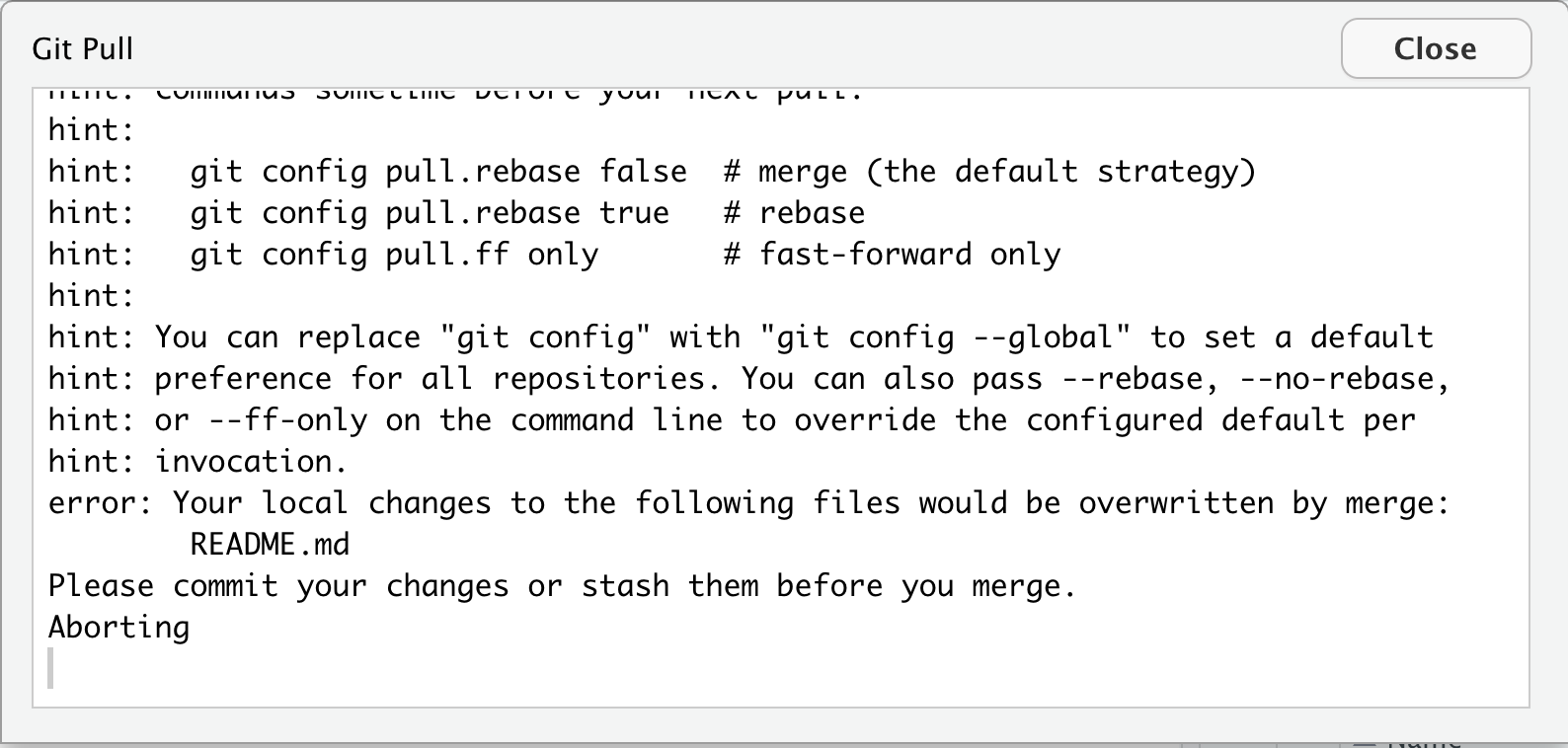 This shows the error message we get for a pull error. It says "error: Your local changes to the following files would be overwritten by merge:    README.md Please commit your changes or stash them before you merge."